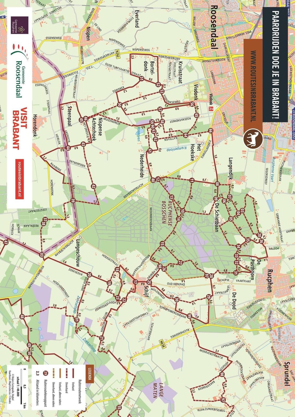 Kaart van het ruiterroutenetwerk rond Roosendaal en Nispen